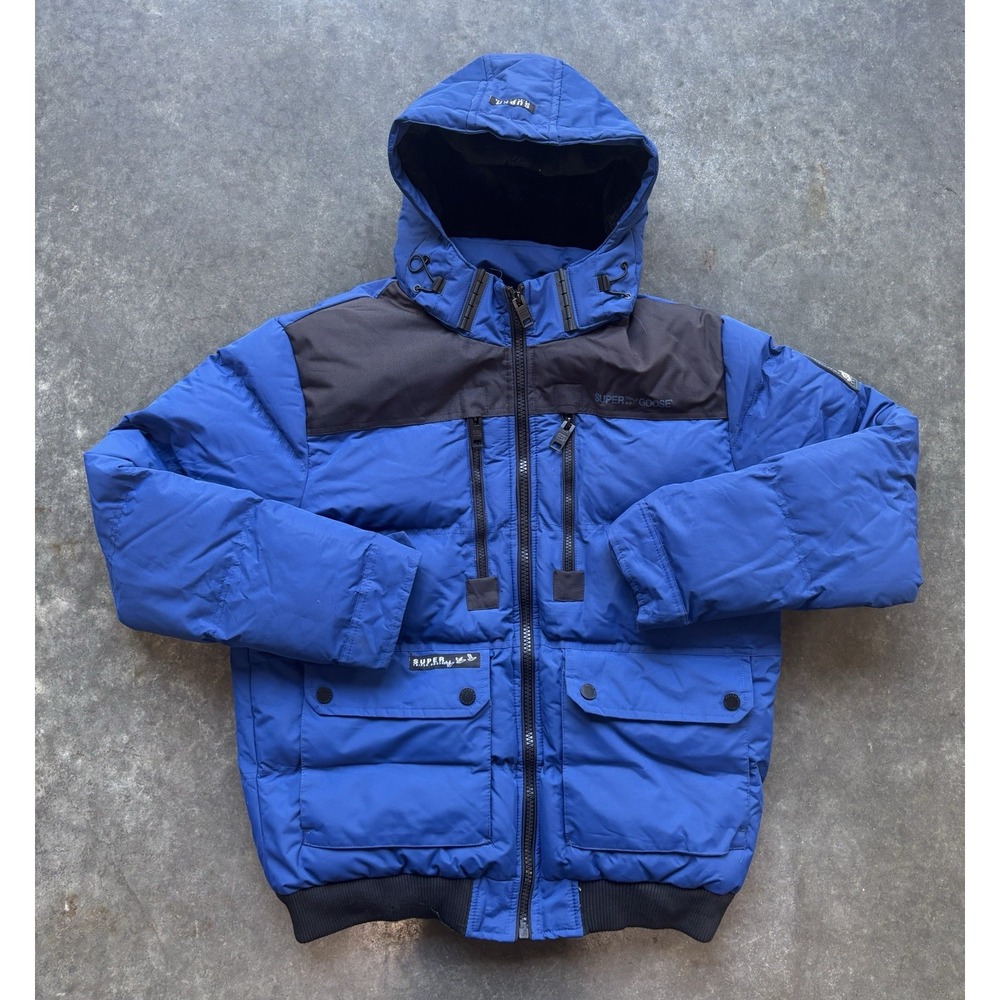 Super Triple Goose Jacket Mens Large Blue Hooded Puffer Insulated Outdoor